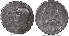 C. Sulpicius C.f. Galba (106 BC). AR denarius (18mm, 8h). NGC Choice VF. Rome. D P P below conjoined laureate heads of the Dei Penates left / C• SVLPI...