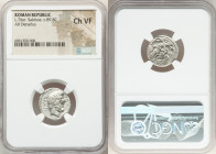 L. Titurius L.f. Sabinus (ca. 89 BC). AR denarius (18mm, 7h). NGC Choice VF. Rome. SABIN / A•PV, bearded head of king Tatius right, palm branch before...