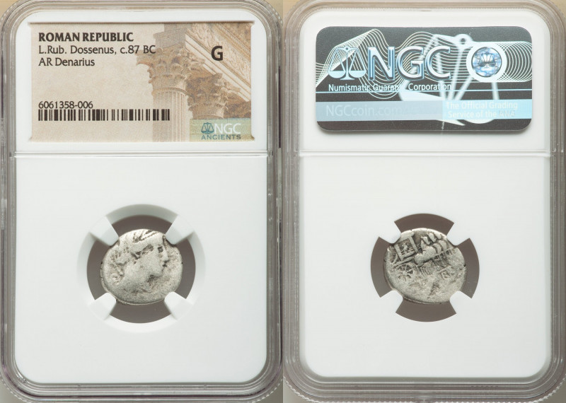 L. Rubrius Dossenus (ca. 87 BC). AR denarius (17mm, 11h). NGC Good. Rome. DOS, h...