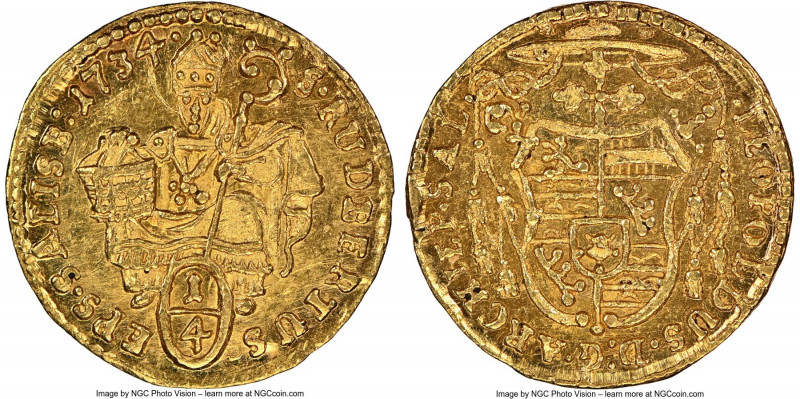 Salzburg. Leopold Anton Eleutherius gold 1/4 Ducat 1734 MS64 NGC, KM330. AGW 0.0...