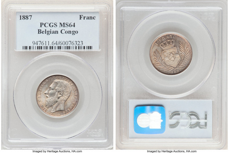 Congo Free State. Leopold II Franc 1887 MS64 PCGS, Brussels mint, KM6. Peachy si...