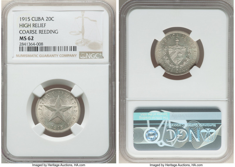 Republic "High Relief - Coarse Reeding" 20 Centavos 1915 MS62 NGC, Philadelphia ...