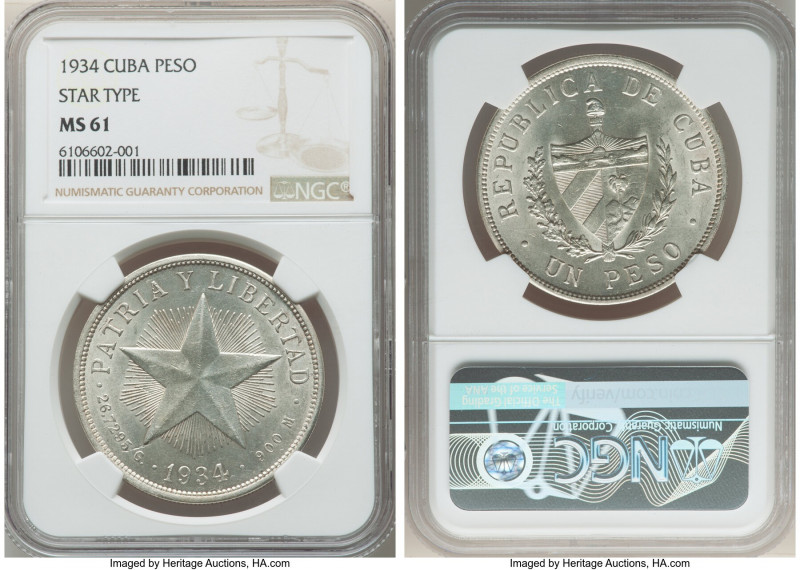 Republic "Star" Peso 1934 MS61 NGC, Philadelphia mint, KM15.2. 

HID09801242017
...