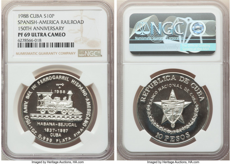 Republic Proof "Spanish-America Railroad - 150th Anniversary" 10 Pesos (1 oz) 19...