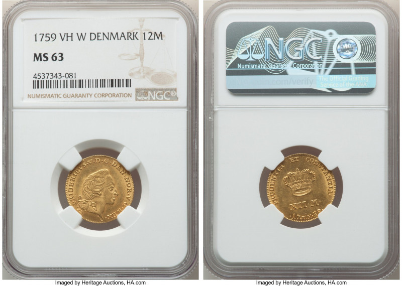 Frederick V gold 12 Mark 1759-VH MS63 NGC, Copenhagen mint, KM587.3. 

HID098012...