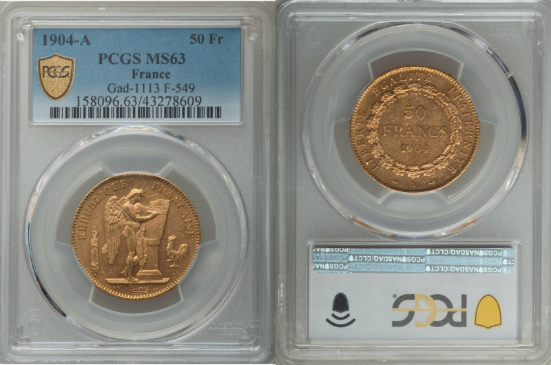 Republic gold 50 Francs 1904-A MS63 PCGS, Paris mint, KM831, F-549, Gad-1113. Mi...