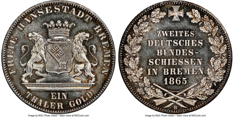 Bremen. Free City Prooflike "Shooting" Taler 1865-B MS64PL NGC, Hannover mint, K...