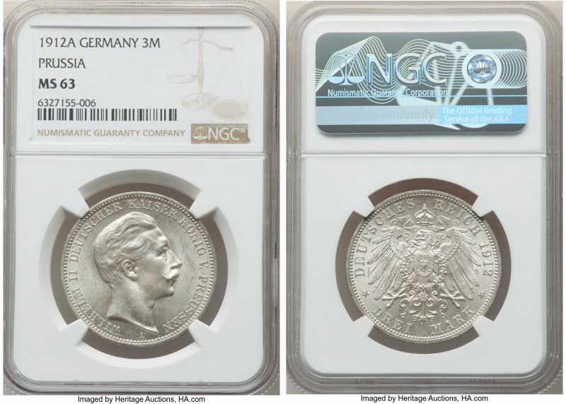 Prussia. Wilhelm II 1912-A MS63 NGC, Berlin mint, KM572, J-103. Cartwheel luster...