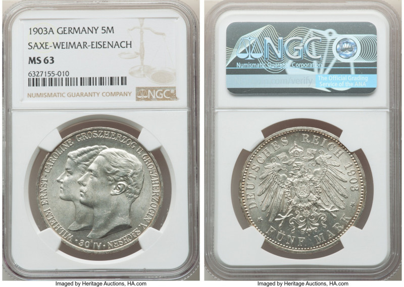 Saxe-Weimar-Eisenach. Wilhelm Ernst 5 Mark 1903-A MS63 NGC, Berlin mint, KM218. ...