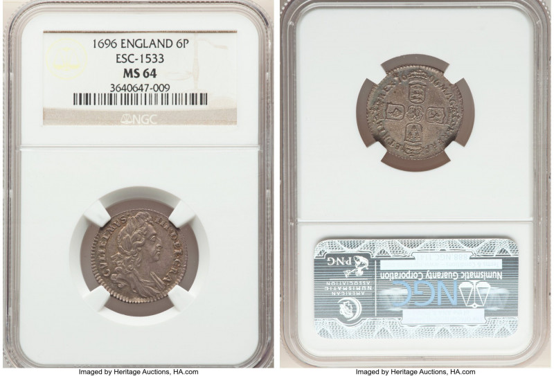 William III 6 Pence 1696 MS64 NGC, KM484.1, ESC-1533. Toned a deep graphite with...