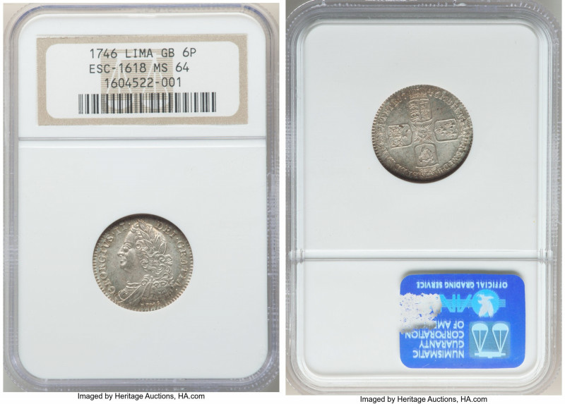 George II 6 Pence 1746-LIMA MS64 NGC, KM582.3, S-3710A, ESC-1618. Nearly gem wit...