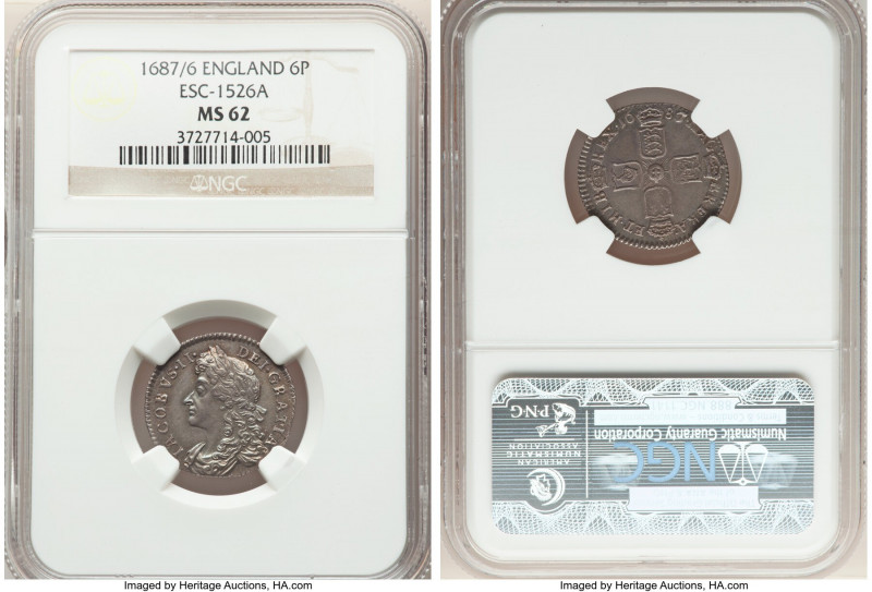 James II 6 Pence 1687/6 MS62 NGC, KM456, ESC-1526A. Gunmetal toning. Strong over...