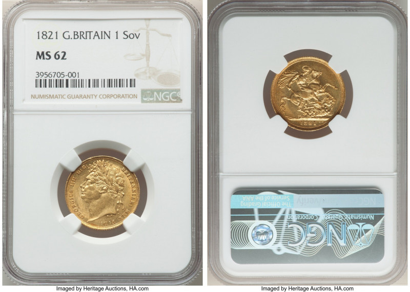 George IV gold Sovereign 1821 MS62 NGC, KM682, S-3800. Well sculpted portrait, b...