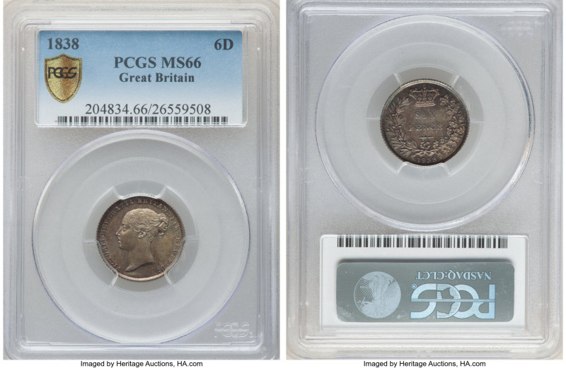 Victoria 6 Pence 1838 MS66 PCGS, KM733.1, S-3908. Olive-gold, rose and blue toni...