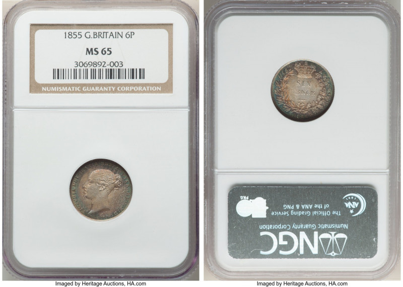 Victoria 6 Pence 1855 MS65 NGC, KM733.1, S-3908. Grainy texture with lovely targ...