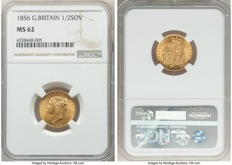 Victoria gold 1/2 Sovereign 1856 MS62 NGC, KM735.1, S-3859. No die number. Conse...