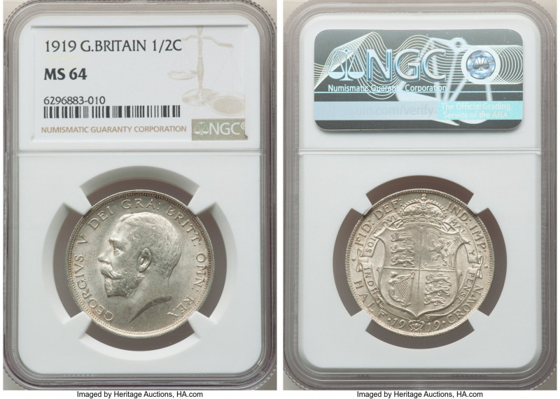 George V 1/2 Crown 1919 MS64 NGC, KM818.1, S-4011. A tempting offering from the ...