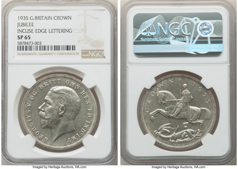 George V Specimen Crown 1935 SP65 NGC, KM842, S-4049. Incused edge lettering var...