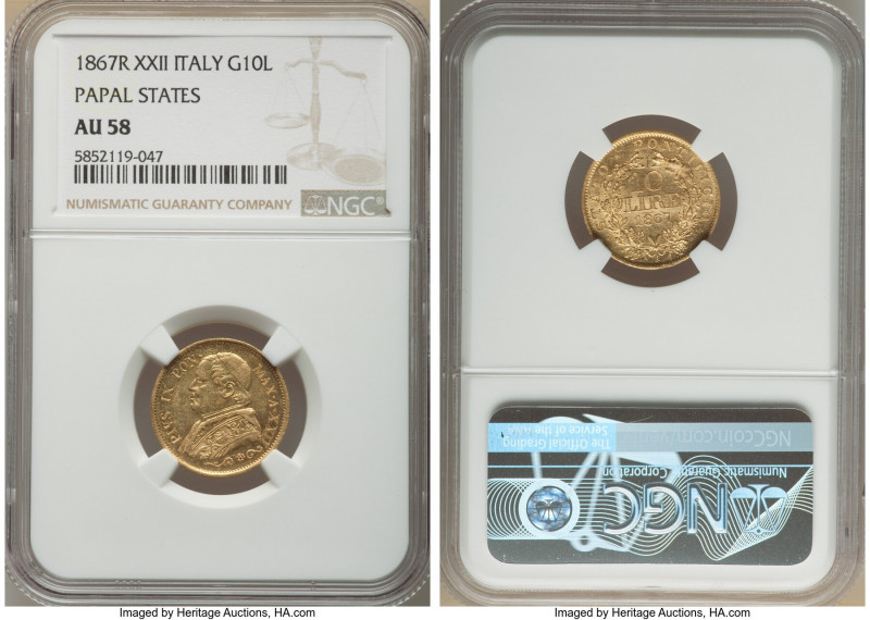 Papal States. Pius IX gold 10 Lire Anno XXII (1867)-R AU58 NGC, Rome mint, KM138...