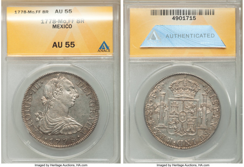 Charles III 8 Reales 1778 Mo-FF AU55 ANACS, Mexico City mint, KM106.2. Peach and...