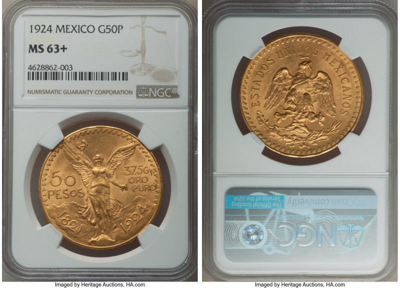 Estados Unidos gold 50 Pesos 1924 MS63+ NGC, Mexico City mint, KM481, Fr-172. AG...