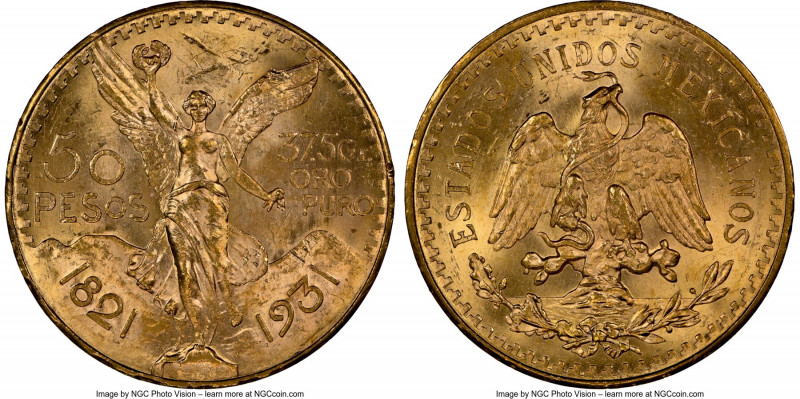 Estados Unidos gold 50 Pesos 1931 MS62 NGC, Mexico City mint, KM481. Independenc...