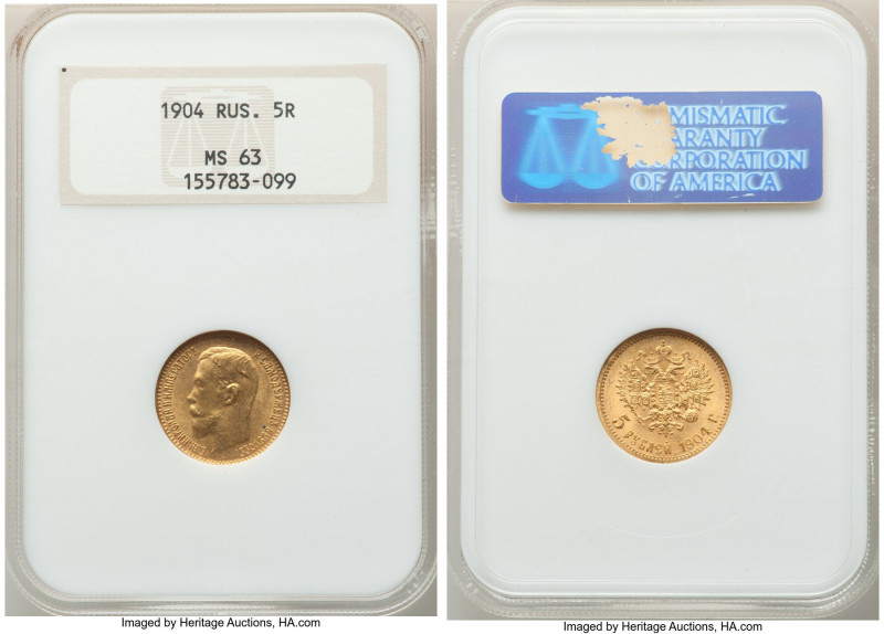 Nicholas II gold 5 Roubles 1904-AP MS63 NGC, St. Petersburg mint, KM-Y62. AGW 0....