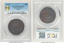 British Colony. Sierra Leone Company Proof Penny 1791 PR63 Brown PCGS, Soho mint, KM2.2. 30mm. Plum and blue-green toning on chocolate surfaces. 

HID...