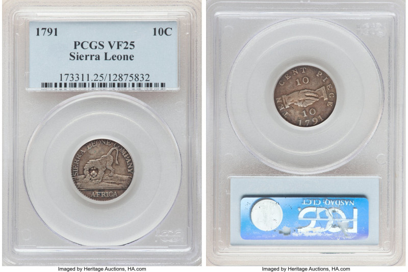 British Colony. Sierra Leone Company 10 Cents 1791 VF25 PCGS, KM3. Mintage: 4,20...