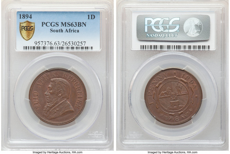 Republic Penny 1894 MS63 Brown PCGS, Pretoria mint, KM2. Glossy chocolate surfac...