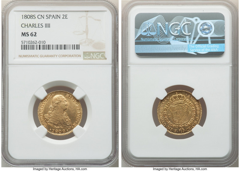 Charles IV gold 2 Escudos 1808 S-CN MS62 NGC, Seville mint, KM435.2. Sun-golden ...