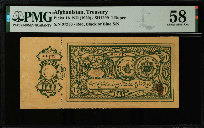 AFGHANISTAN. Unknown Bank. 1 Rupee, ND (1920). P-1b. PMG Choice About Uncirculat...