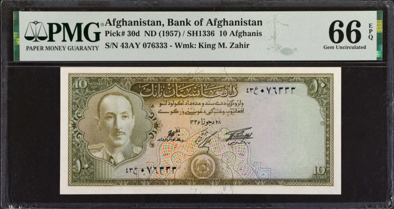 AFGHANISTAN. Bank of Afghanistan. 10 Afghanis, ND (1957). P-30d. PMG Gem Uncircu...