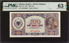 ALBANIA. Banka E Shtetit Shqiptar. 100 Lek, 1947. P-21. PMG Choice Uncirculated 63 EPQ.
Estimate: $75.00 - 150.00