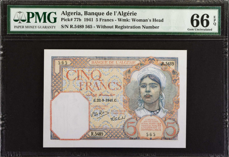 ALGERIA. Banque de l'Algérie. 5 Francs, 1941. P-77b. PMG Gem Uncirculated 66 EPQ...