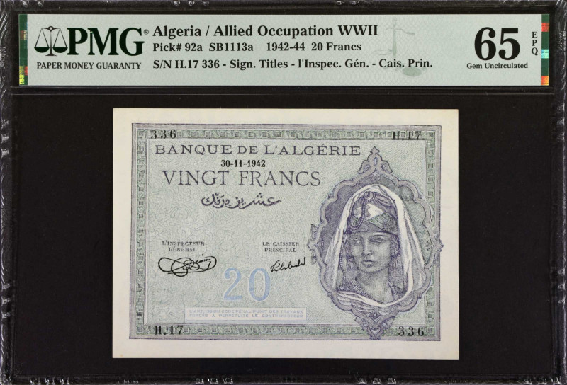 ALGERIA. Banque de l'Algérie. 20 Francs, 1942. P-92A. Allied Occupation WWII. PM...