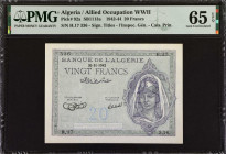 ALGERIA. Banque de l'Algérie. 20 Francs, 1942. P-92A. Allied Occupation WWII. PMG Gem Uncirculated 65 EPQ.
Estimate: $75.00 - 150.00