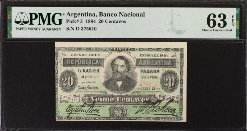 ARGENTINA. Banco Nacional. 20 Centavos, 1883. P-3. PMG Choice Uncirculated 63 EP...