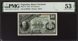 ARGENTINA. Banco Nacional. 10 Centavos, 1884. P-6. PMG About Uncirculated 53 EPQ.
Estimate: $100.00 - 200.00
