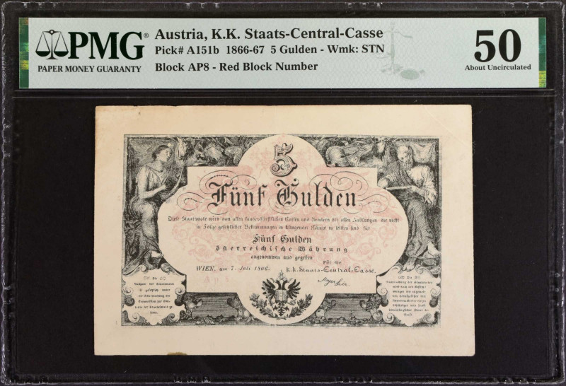 AUSTRIA. K.u.K. Staats-Central-Casse. 5 Gulden, 1866-67. P-A151b. PMG About Unci...