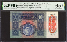AUSTRIA. Oesterreichisch-Ungarische Bank. 10 Kronen, 1915 (ND 1919). P-51a. PMG Gem Uncirculated 65 EPQ.
Estimate: $75.00 - 100.00