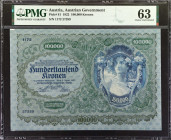 AUSTRIA. Oesterreichisch-Ungarische Bank. 100,000 Kronen, 1922. P-81. PMG Choice Uncirculated 63.
PMG comments "Previously Mounted".
Estimate: $200....