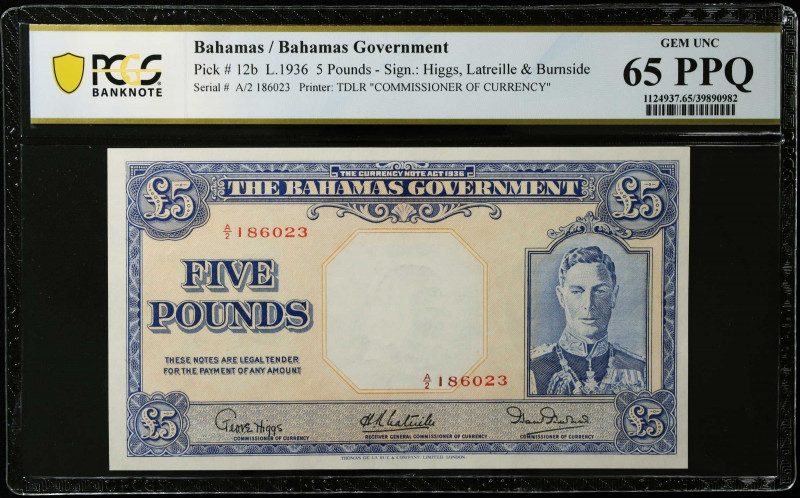 BAHAMAS. The Bahamas Government. 5 Pounds, 1936. P-12b. PCGS Banknote Gem Uncirc...