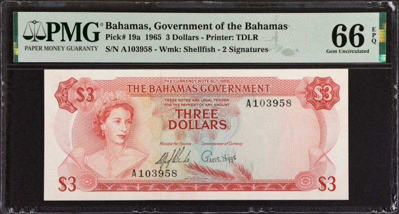 BAHAMAS. The Bahamas Government. 3 Dollars, 1965. P-19a. PMG Gem Uncirculated 66...