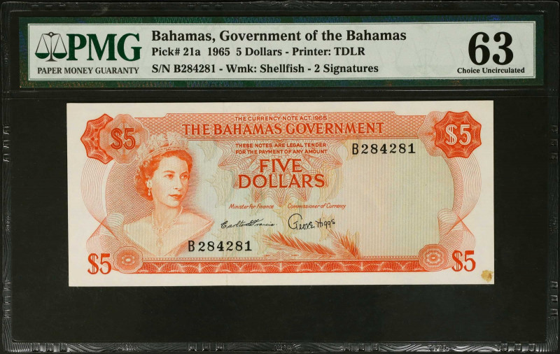 BAHAMAS. The Bahamas Government. 5 Dollars, 1965. P-21a. PMG Choice Uncirculated...