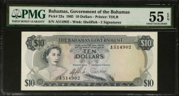 BAHAMAS. The Bahamas Government. 10 Dollars, 1965. P-22a. PMG About Uncirculated 55 EPQ.
Estimate: $200.00 - 400.00