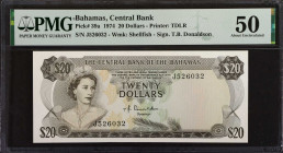 BAHAMAS. The Central Bank of the Bahamas. 20 Dollars, 1974. P-39a. PMG About Uncirculated 50.
Estimate: $500.00 - 750.00
