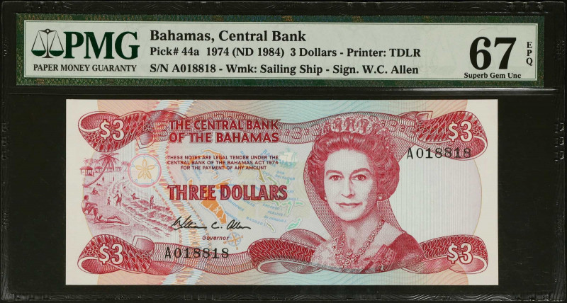 BAHAMAS. Lot of (5). The Central Bank of the Bahamas. 3 Dollars, 1974 (ND 1984)....