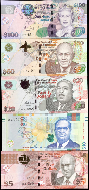 BAHAMAS. Lot of (5). The Central Bank of the Bahamas. 5, 10, 20, 50 & 100 Dollar...