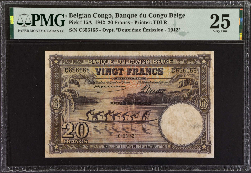 BELGIAN CONGO. Banque du Congo Belge. 20 Francs, 1942. P-15A. PMG Very Fine 25....